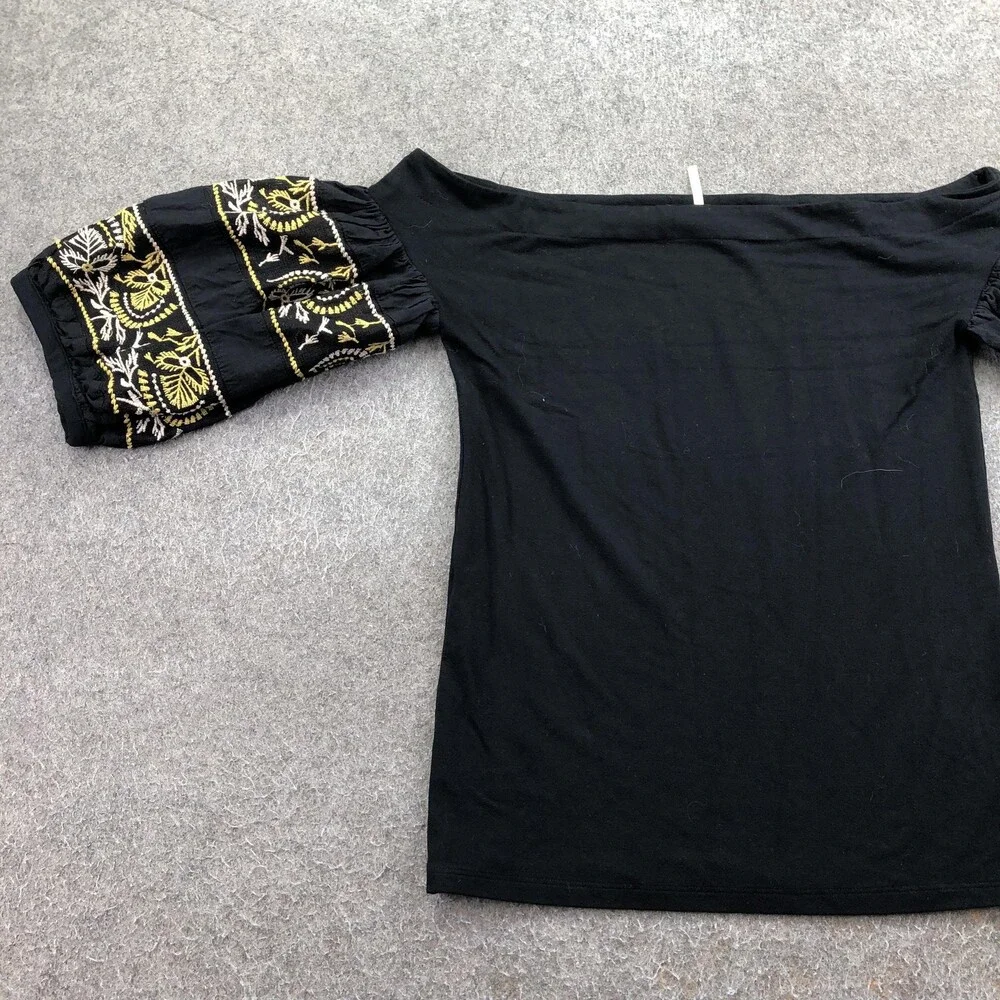 Free People Blouse Womens Small Black Embroidered Off Shoulder Balloon Sleeve